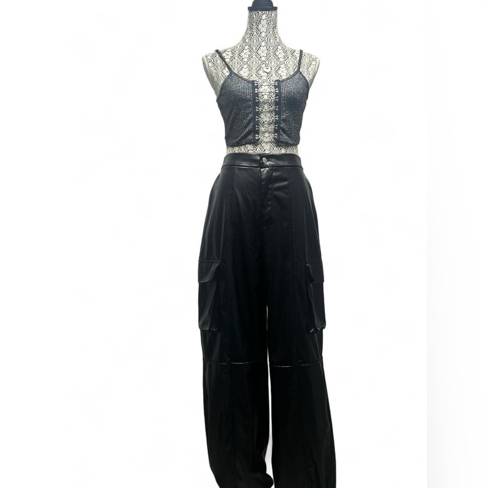 Fashion Nova Shiny Black Cargo Wide Leg Pants - Picture 10 of 13
